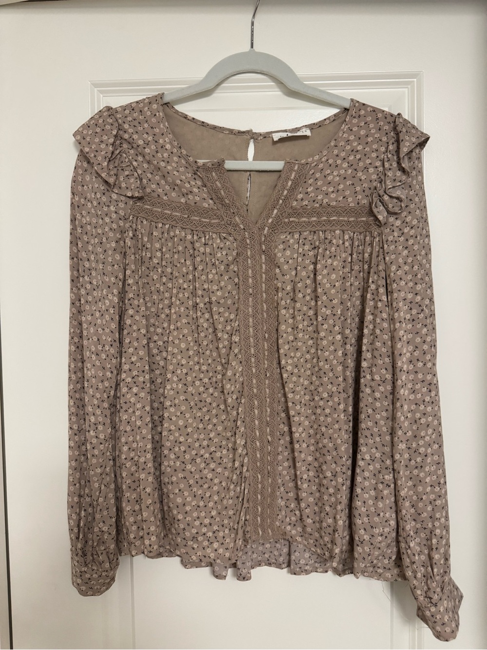 In Bloom Taupe Floral Ruffle Peasant Blouse